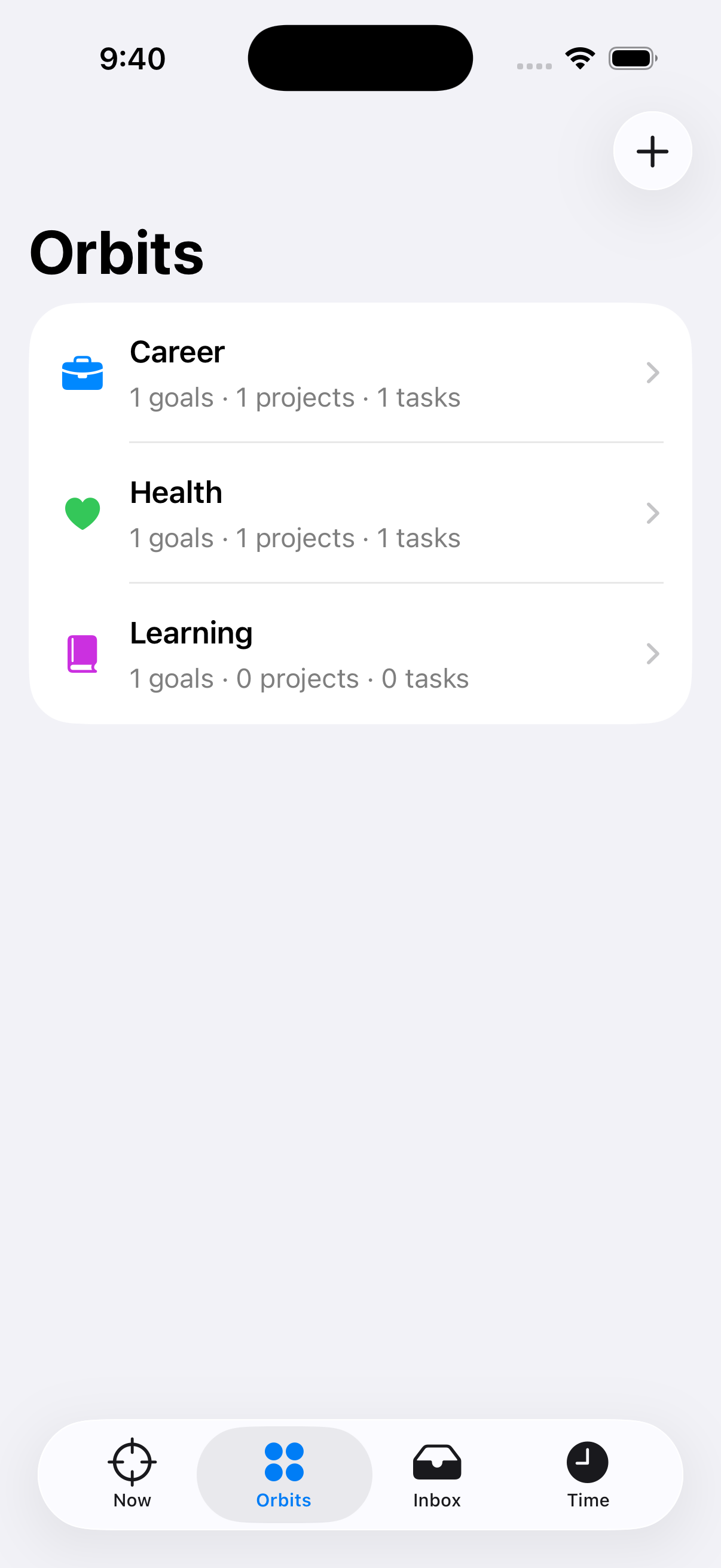 Orbit's actual iPhone interface showing Career, Health, and Learning orbits